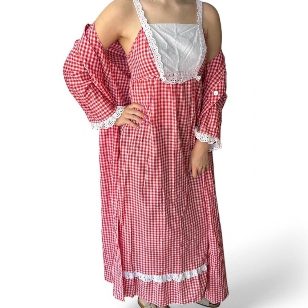 Vintage 70s Red Gingham Maxi Dress & Matching Robe Set Cottagecore Prairie Chic
